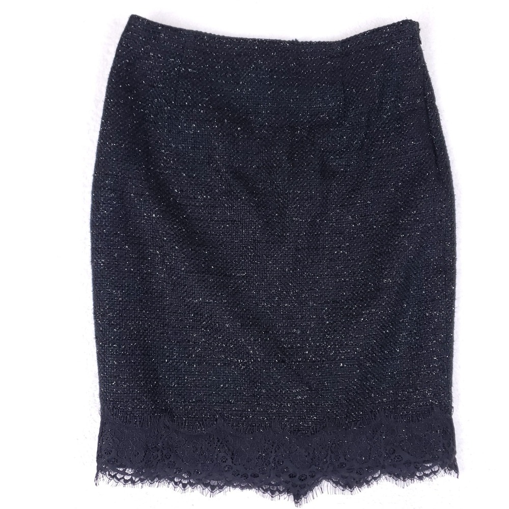 Coldwater Creek Tweed Skirt Womens P4 Petite Black Silver Metallic Lace Coquette